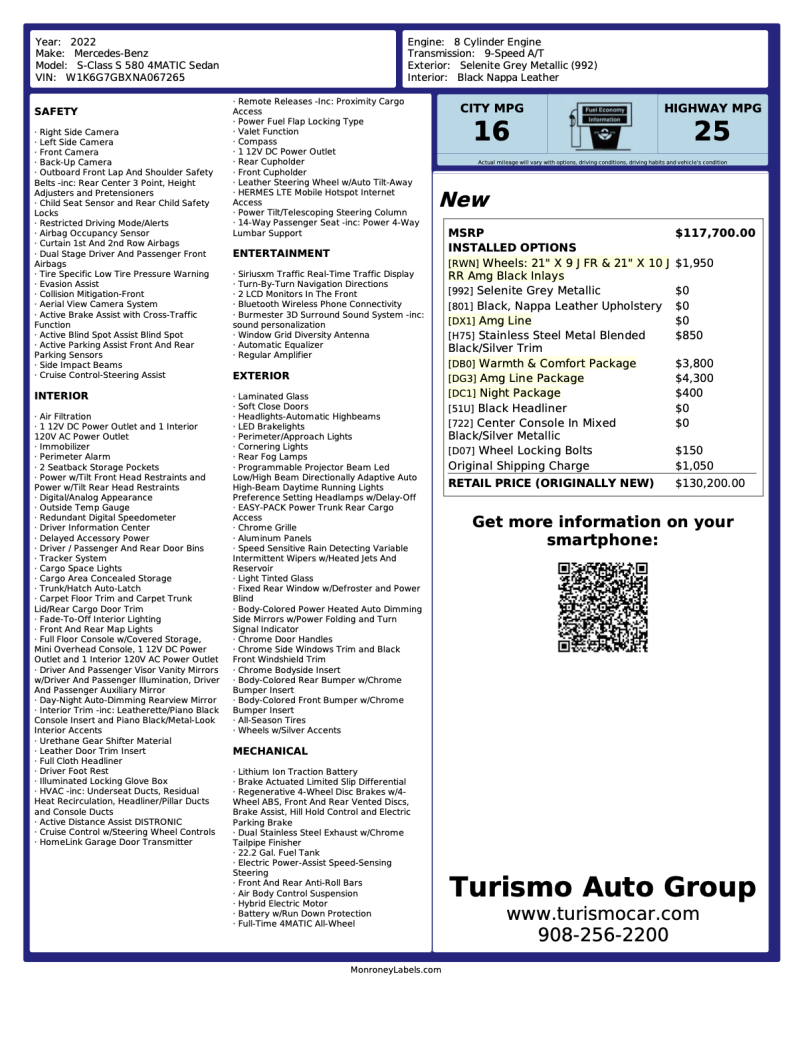 2022 Mercedes-Benz S580 — Window Sticker