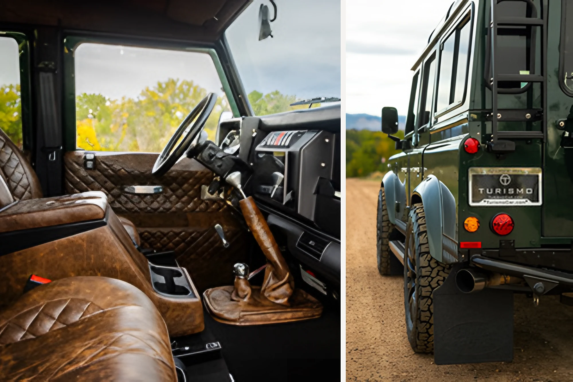 Custom Land Rover Defender build — hand-stitched leather interior and green Defender 110 with Turismo plate